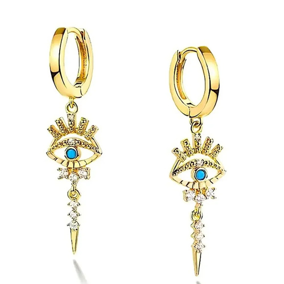 Gold 14K Evil Eye Hoop Zircon Drop Dangling Minimalist Earrings - Picture 5 of 8